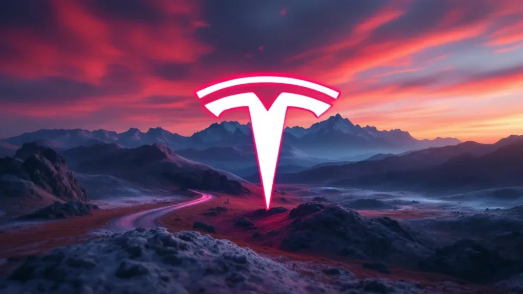Logo Tesla sur fond de montagnes